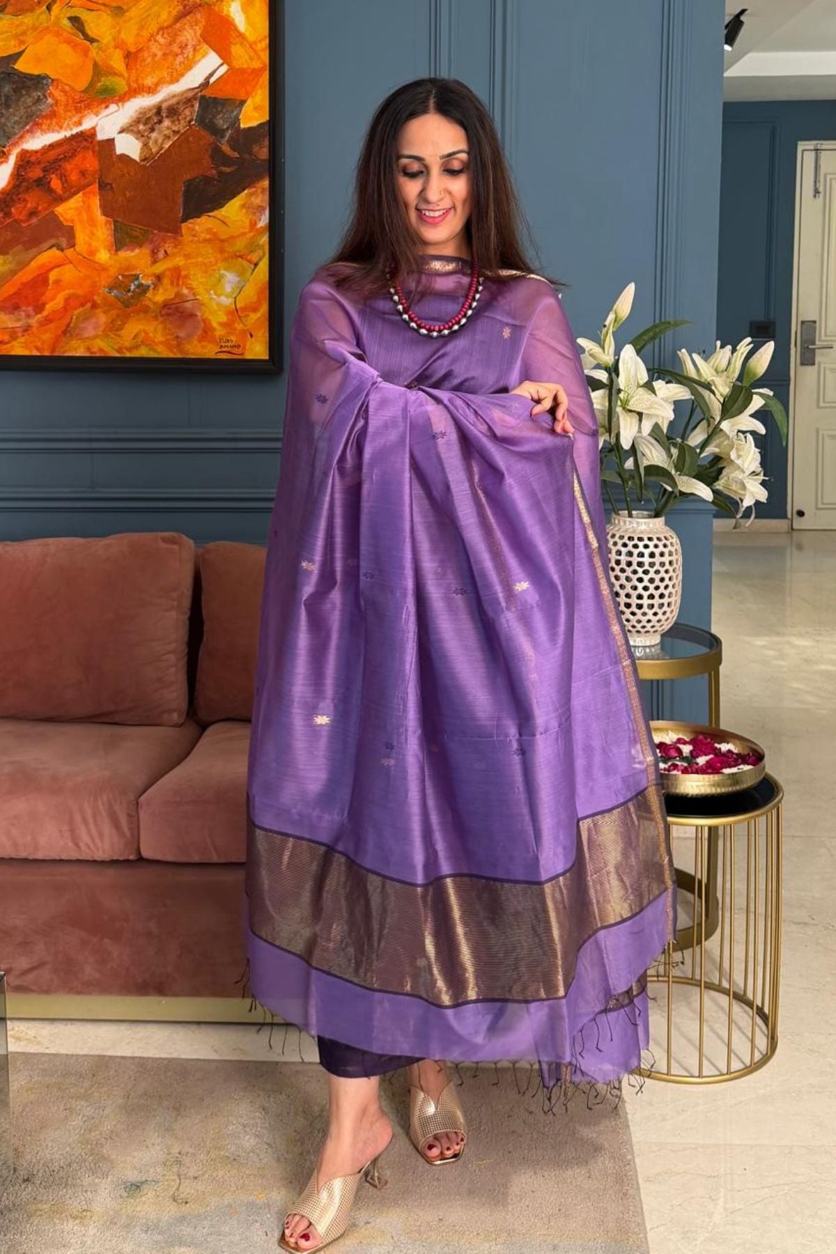 Maheshwari handloom silk by cotton kurta dupatta set